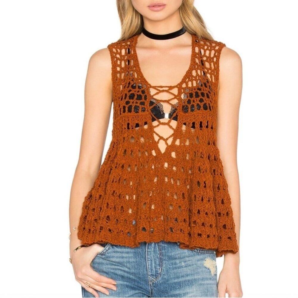 Free People Burnt Orange Crochet Lace-Up Tank Top